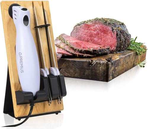 SERRATED CARVING ELECTRIC KNIFE SET By Chef PRO, With Wooden Storage Block, 2 Interchangeable Stainless-Steel Blades, Precise Cutting And Carving of Meats, Fruits and Breads, Ergonomic Design For