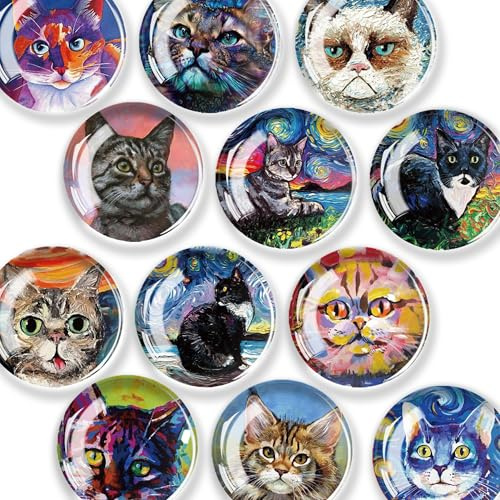 JJ PRIME - 12 Pcs Fridge Magnets | Round Fridge Magnet | Mini Fridge Accessories | Craft Magnets | Small Magnets for Whiteboard, Office. Kitchen and School (Cats Design)