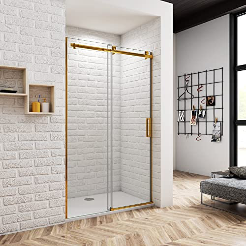 120x195CM MAMPARA DE DUCHA PUERTA CORREDERA CRISTAL 8 MM TEMPLADO TRANSPARENTE ANTICAL CON PERFILERÍA DE ORO