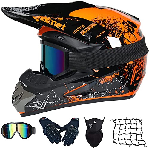 WYXAXNM Casco da Motocross Integrale per Adulti e Bambini - Con Occhiali, Guanti, Face Mask, Rete - Per ATV MX Quad Bike Go-Kart - Calotta in ABS - Orange-L