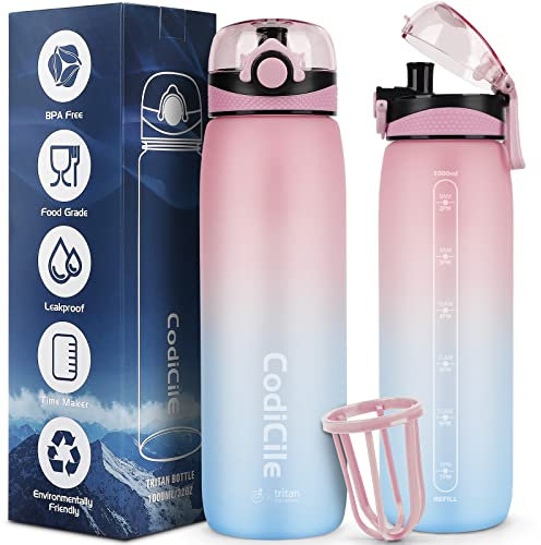 CodiCile Wasserflasche 1L Tritan, Trinkflasche 1l BPA frei, Spülmaschinensichere Sport Trinkflasche, Auslaufsichere Flasche mit Zeitmarkierung und Filter für Laufen, Fitness, Schule, im Freien