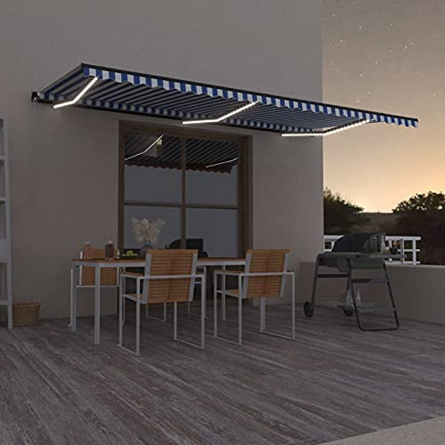 Homgoday Retractable Manual Awning for Outdoor Fall Awning Sun Shade for Outdoor Balcony Awning Outdoor Balcony Tent with LED 600 x 300 cm Blue and White