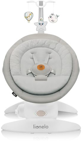 LIONELO MELL Elektrische Babywippe mit 360o Drehung für Babys bis 9 kg Verstellbare Rückenlehne 5 Schaukelgeschwindigkeiten Bewegungserkennung Sitzgurte 12 Melodien Spielzeugbügel Fernbedienung