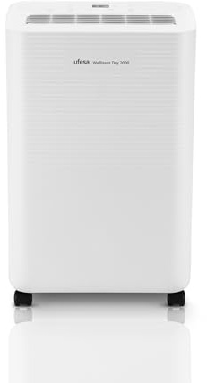 Ufesa Wellness Dry 2000 Deshumidificador 280W, 12L/24h, Silencioso 47dB con Panel Intuitivo, Función Secado Ropa, Sensor de Humedad, 2L capacidad, 2 Velocidades, Temporizador, Hasta 40m2