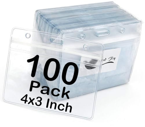 Name Tag Badge ID Card Holders 100 Pack (Horizontal, 4 x 3 Inches),Clear Plastic Premium Badge Holder