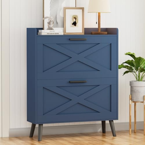 Homleke 32 W Farmhouse Shoe Storage Cabinet with 2 Flip Drawers and Barn Door Design, Adjustable Shelves, Modern Hidden Slim Narrow Shoe Rack Cabinet for Entryway, Foyer, Hallway, Living Room, Blue