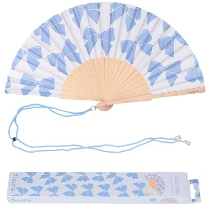 Fisura – Ventaglio in legno decorato con stampa fiocchi. Accessorio elegante e colorato, ventaglio a mano blu con gancio pratico. Dimensioni: 42,5 x 23 cm