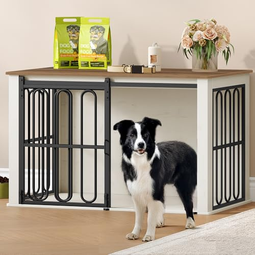 HEXCELEN Jaula para Perros Mueble de Madera, 100 × 60 × 62,4 cm, 2 Puertas, para Interiores, Jaula Resistente para Perro, Mesa Auxiliar, Blanco Marrón, para Perros Pequeños y Medianos, Moderna