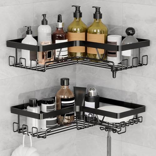 ZUNTO Estantería Ducha Sin Taladrar, 2 Piezas de Acero Inoxidable, Organizador de Esquina con Adhesivo para Champú, Gel y Jabón, Resistente al Óxido, Negro