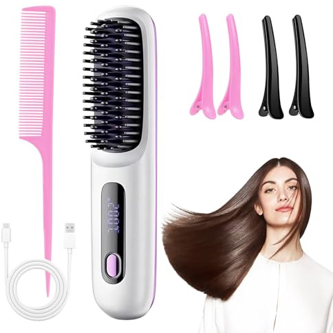 Go Brush Pro - Cordless Hair Straightener Brush Portable USB Rechargeable Heated Straightening Brush Mini Hot Comb for Hair Styling Fast Heating Smoothing Brush for Travel & Everyday Use, White