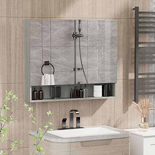kleankin Armoire Murale Salle de Bain avec Miroir, 90 x 15 x 75 cm, Meuble Salle de Bain, Armoire de Toilette avec 3 Portes Miroir, Compartiment Ouvert et étagères réglables, Gris