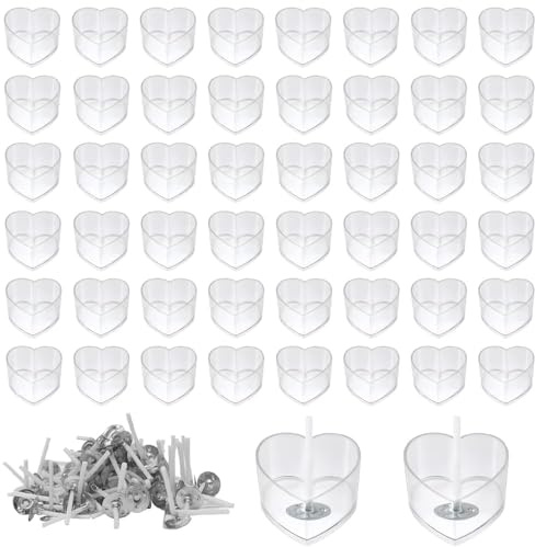 yotutun 50 Pièces Contenant pour Bougie Chauffe Plat, Pot Bougie Vide avec 100 Pièces Mèches Bougies Porte Bougies pour Mariages Dîners Kit Bougies a Faire Soi Meme 18 x 38 mm, Forme de Coeur