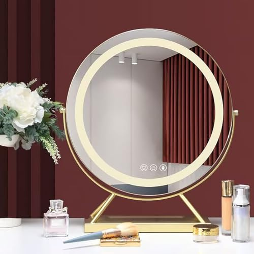 HCBUTAE Rund LED-sminkspegel med belysning, 3 färglampor, steglös dimning, 360° vridbar bordsspegel, 3 touch-brytare, sovrum sminkbord sminkspegel med ljus (guld, 40 x 48 cm)