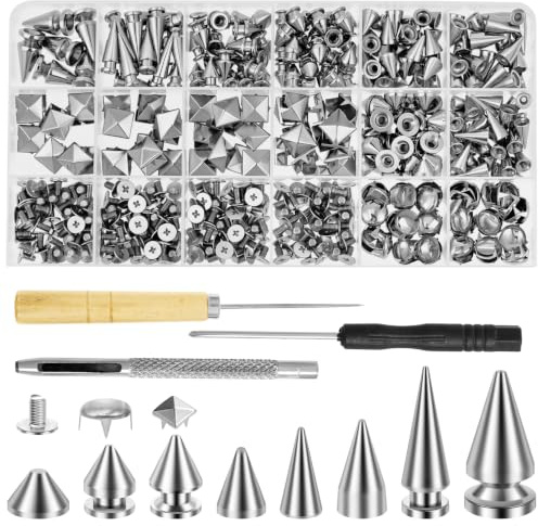 JEJUWE 455 Pcs Punk Spikes and Studs Kit with Tools for Clothing - Metal Rivets Cone Pyramid Dome Studs in 8 Sizes, Zinc Alloy Silver Screw Back Stud Kit for DIY Leather Jacket Belt Bag Decoration