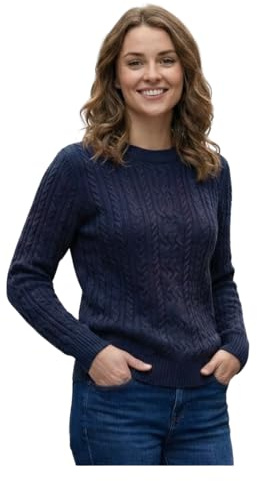Women’s Cable Knit Jumper Long Sleeve Crew Neck – Soft Fisherman Ladies Sweater, Warm Winter Knit Pullover-Navy S -M