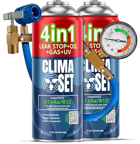 CLIMASET - 2x 4-I-1 Luftkonditionering Påfyllningsgas R134a, Olja, Läckagetätningsmedel Med UV-Färg + Slang - AC-Gaspåfyllnings- och Läckagedetekteringssats