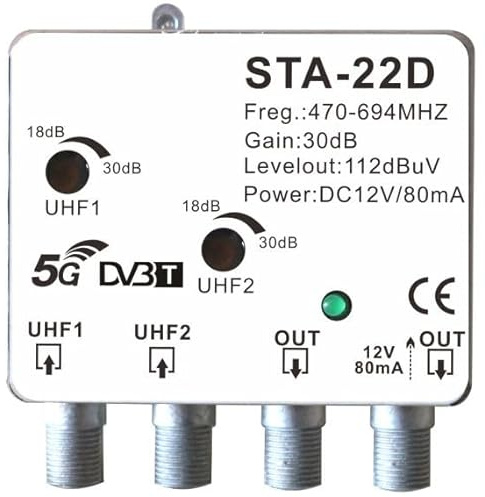 Amplificatore da palo antenna TV digitale terrestre DVB-T2 filtro 5G LTE 2 ingressi 2 uscite UHF regolabile