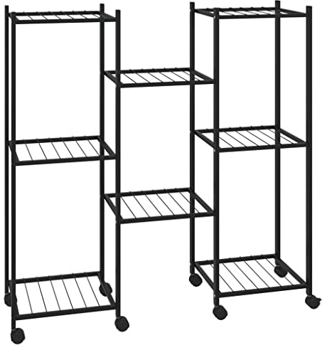 Foknhdi Soporte para flores con ruedas, 83 x 25 x 83,5 cm, hierro negro, estante para plantas, esquina, resistente a la intemperie, escalera para plantas para interior y exterior, soporte para macetas
