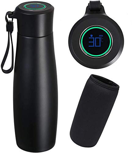 Flintronic Thermosflasche Edelstahl Trinkflasche 400ML, Wiederaufladbarer Deckel, BPA Frei Wasserflasche Auslaufsicher mit LCD Temperaturanzeige(1 * USB Kabel & Flaschentasche Enthalten)- Schwarz