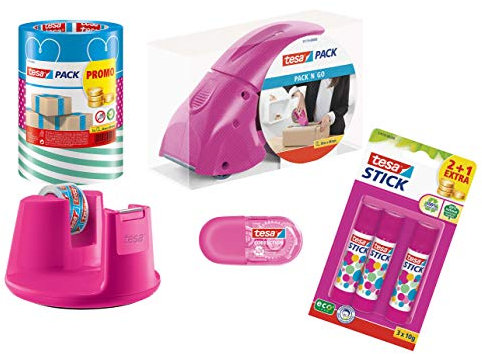 tesapack Abroller Pack' n' Go - Ergonomischer, pinker Handabroller für Paketbänder - Inklusive 50 m x 48 mm Klebeband (1 Komplett-Set)