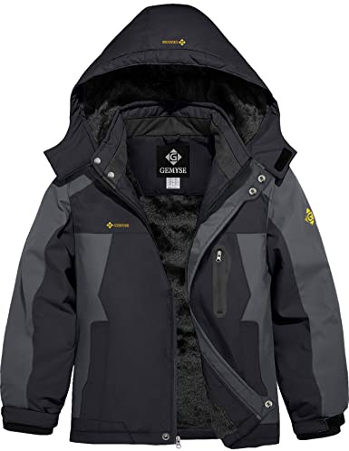 GEMYSE Giacca Sci Bambino Impermeabile Antivento con Cappuccio Pile Caldo Giubbotto Invernale Tuta Ideale per Attività sulla Neve e Uso Quotidiano(Nero e Grigio Ferro,152-158)