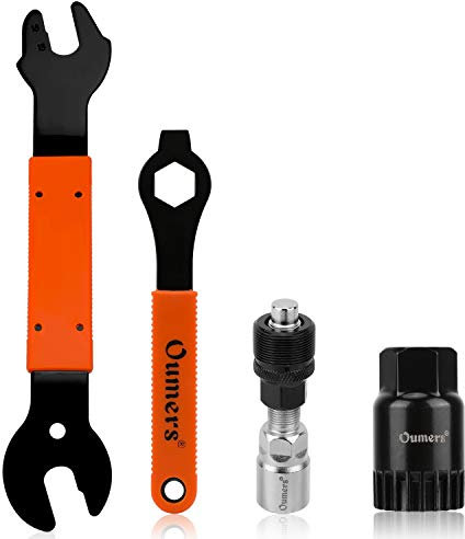 Oumers 4 PCS pedalschlüssel und Fahrrad Kurbel Extraktor Tret Lager Entferner, Fahrrad Pedal Schlüssel + Fahrrad Kurbel-Extraktor + Fahrrad Boden Halterung Entferner + 16mm Spanner Schlüssel
