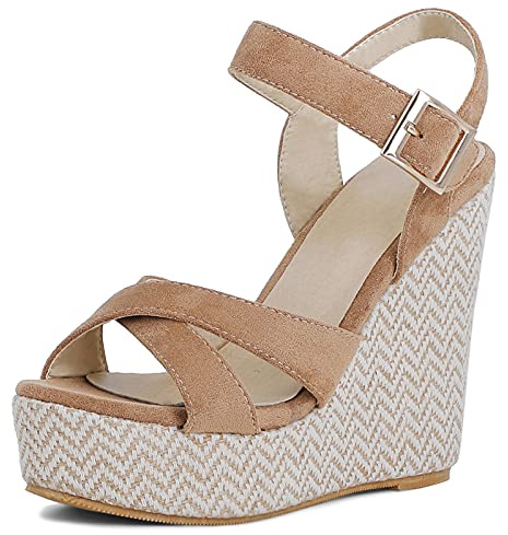 Lizoleor Alpargatas Mujer Cuña Tacon Alto Plataforma Sandalias Abierto Correa Tobillo Verano Comodos Moda Casuales Zapatos Marrón Talla 38 EU/39CN