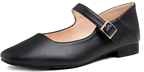 Feversole Women's Square Toe Mary Jane Fashion，Punta Quadrata Easy Buckle Tacco Basso Slip On Flats in Pelle Vegana Nera Taglie 38 EU