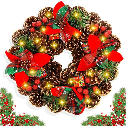 Frasheng julkrans med kottar, 30 cm julkrans, LED julkrans, kreativ juldörrkrans juldekoration julkrans juldekoration till ytterdörr, öppen spis, vägg