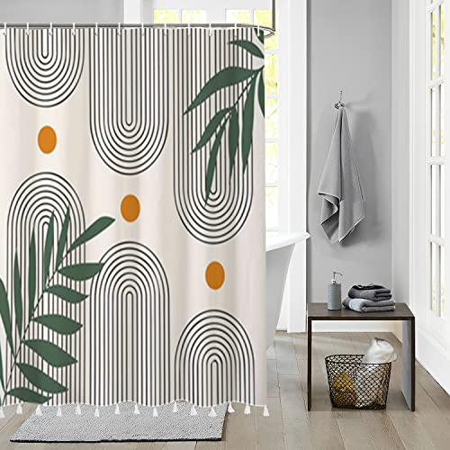Bovlleetd Abstracto de Mediados de Siglo Cortina de Ducha con Borla Arco Patrón Beige Moderno Minimalista Decoración del Hogar Conjunto con 12 Ganchos Lavable Durable Poliéster Tela 180x200cm