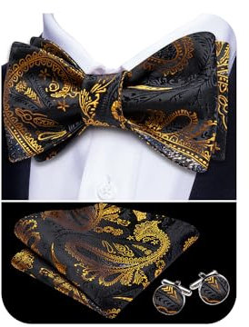 YOHOWA Manschettenknöpfe, Seide, selbstgebunden, Fliege und Einstecktuch, für Hochzeit, Party, Smoking, Herren/Jungen, Schwarz-goldene Blume, Einheitsgröße