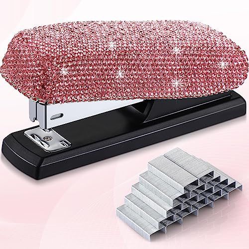 Yexiya Bling Crystal Stapler Sparkly Diamond Stapler Gift for Valentine Day Desk Handmade Clay Rhinestone Machine Pretty Office Stationery Kit Stylish Accessory for Women Lady New Year(Pink)