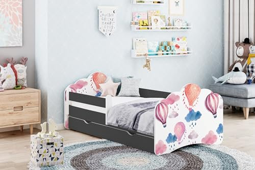 Happy Babies MOBI Kinderzimmer Bett 160x80 Kinderbett mit Rausfallschutz und Schubladen Einzelbett für Kinder mit Matratze 80x160 Kinder-Bett für Mädchen & Jungen