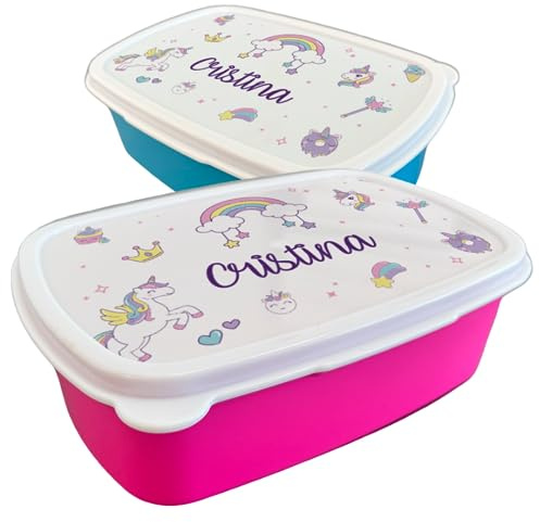 Fiambrera personalizada infantil diseño unicornios para colegio o guardería. Caja merienda personalizada. Apta para microondas y lavavajillas. Libre de BPA. Ideal para los almuerzos del cole