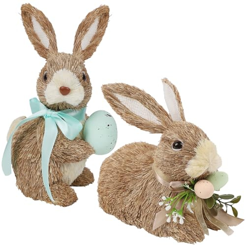 DR.DUDU Set of 2 Easter Decorations Bunny Figurines with Eggs, Spring Straw Rabbit Tabletop Decor, Rustic Sisal Bunny Statues Springtime Decor for Home Table Office Kitchen Farmhouse
