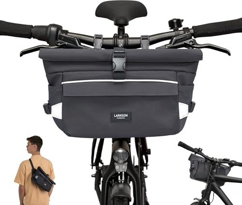 LARKSON Bolsa Manillar Bicicleta Gris - Lasse - Bolsa 2 en 1 para Bici y Bandolera - con Reflejo - Repelente al Agua