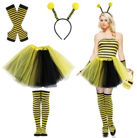 Taozoey Deguisement Abeille, Déguisement Carnaval Femme, Déguisement d’abeille pour Adulte, Tutu Jupe + Bas + Gant à Rayures + Serre-tête d`abeille pour Carnaval Cosplay
