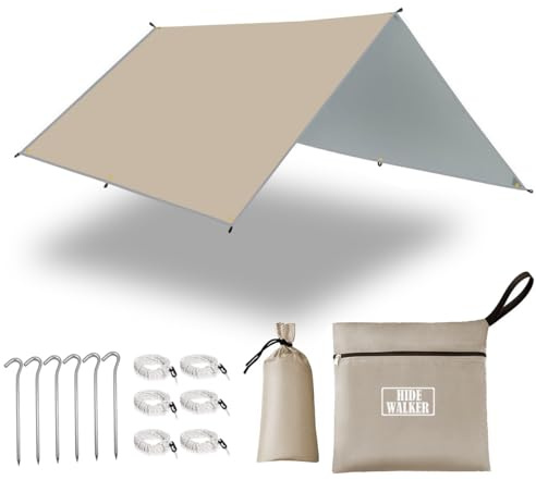 HIDEWALKER Camping Tarp Shelter 3x3m 3x4m 3x5m Lightweight Tent Tarpaulin Waterproof Tent Awning Canopy Basha Sunshade for Hiking Backpacking (Khaki, 3x4m)