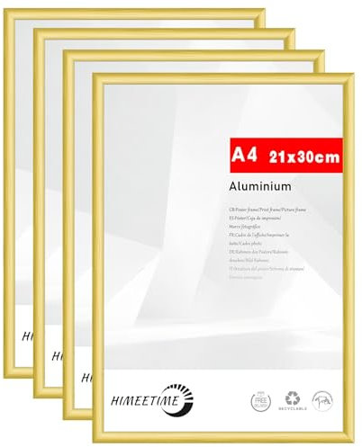 HIMEETIME® 4x Bilderrahmen A4 21x30 cm Gold Metall Rahmen,Dokumentenrahmen 21x29,7 cm Klein Collage,Metallrahmen Alu-Bilderrahmen Aluminium,Picture Frame A4 Fotorahmen