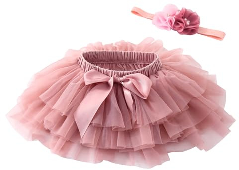 Beganly Baby Girls Soft Fluffy Ruffles Tulle Skirt with Diaper Cover Toddler Princesses Party Tutu Sets with Flower Headband Dusty Rose M