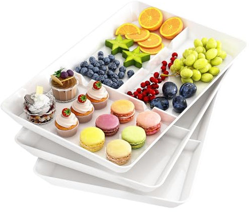 WELDUN 3 Pack Serving Tray Plastic, Compartment Serving Platters, BPA free, Dinner/Fruit/Snack Food Tray for Kichen, Bar, Buffets, Party, Thanks Giving Day, Christmas