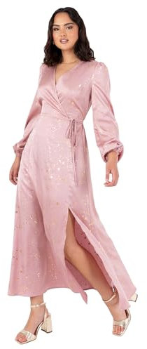 Lovedrobe Women's Midaxi Dress Ladies Wrap V-Neck Long Bishop Sleeve Satin Gold Fleck Side Tie Belt Split A-line Wedding Guest, Altrosa 52