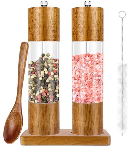 Salz und Pfeffermühle 2er Set, Gewürzmühle Manuell inkl Untersetzer, Reinigungspinsel, Löffel (21,5 cm) - Holz Salzmühle mit Verstellbarem Keramikmahlwerk für Gewürze Pfeffer Salz