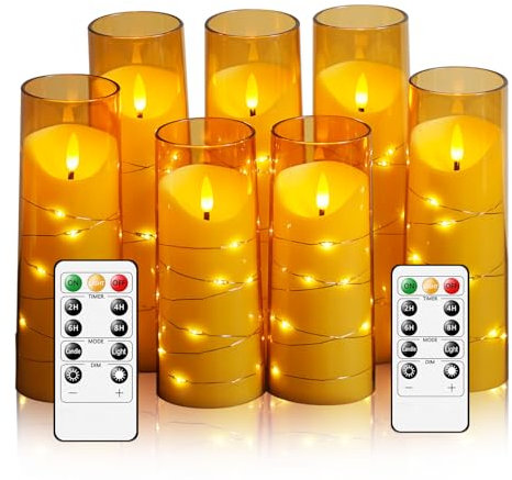 JINYANIA Flammenlose LED Kerzen, Batteriebetriebene Stumpenkerzen mit eingebetteter Sternschnur-Lichterkette, Mit Fernbedienung und Timer, Home Dekoration Romantische, Set von 7 Schrägen（Gold）