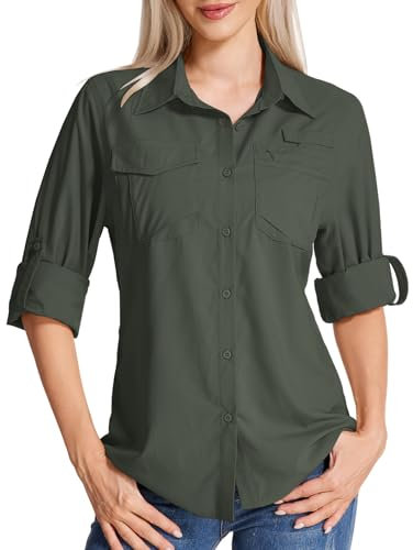 Yenwits Hemdbluse Damen UPF 50 UV Schutz Langarmshirt Atmungsaktiv Quick Dry Safari Kleidung Outdoor Wanderhemd Casual Tops für Reisen Sport Angeln Golf(5081,Army Green,L)
