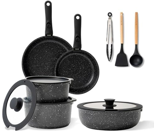 BOREINE Kastrullset, Non stick kastrull set, kastrullset induktion, kastruller och stekpannor, Kökssats, med avtagbart handtag, Non-stick pan set, Ugnssäker (Svart, 14st) | Set med avtagbart handtag, PFOA-fri, non-stick granit, kompatibel med alla keramiska gasinduktionsbrännare