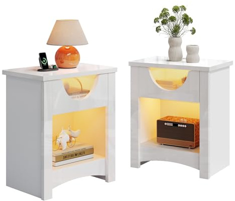 Bestier Mesita de Noche con luz LED y Puerto USB Tipo C, Moderna, con acrílico translúcido Acanalado, un cajón de Madera y un Compartimento Abierto. Ideal para Dormitorio (2 Unidad)
