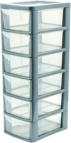 Khanary Plastic Storage Drawers Unit 6 Tier Small mini Tower Homes, Kitchen, Schools, Offices Plastic Drawer Organizer Desktop Table Top Drawers Stationary 26Dx19Wx60H (Silver/Clear, 1x 6 Drawer Mini)