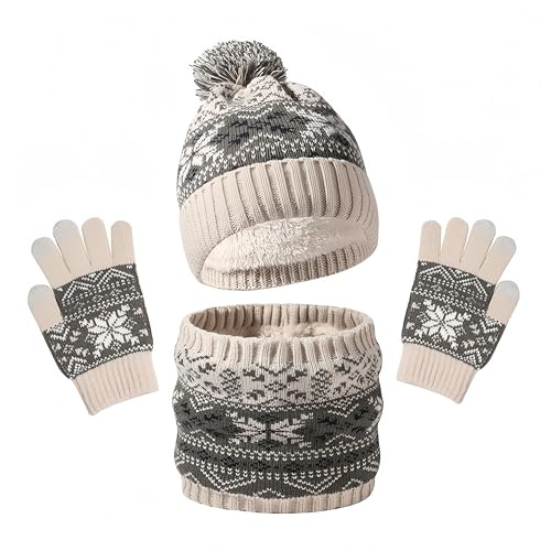 Gorro de Punto Invierno Térmico con Guantes y Bufanda Forro Polar Niños Set Beanie Sombrero de Invierno Cálido Gorro de Punto Invierno Térmico con Guantes y Bufanda Sombrero