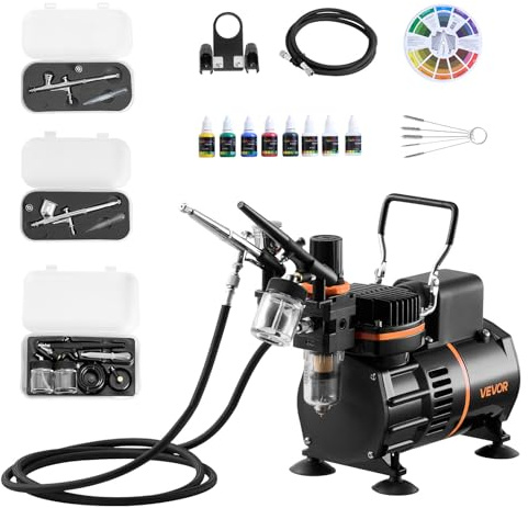 VEVOR Airbrush Set 1/6 PS mit Luftkompressor, 3 Dual Action Airbrush Pistolen mit 3 Düsen (0,3/0,3/0,8 mm) & Schlauch & Acrylfarbe & 2 Ventilatoren, für Kuchendekoration Modellmalerei Nagelkunst